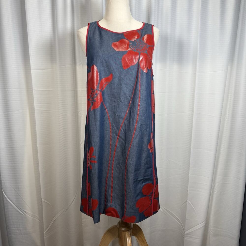 Ann Mashburn Silk Cotton Floral Shift Dress Navy Red Sleeveless Classic Size S